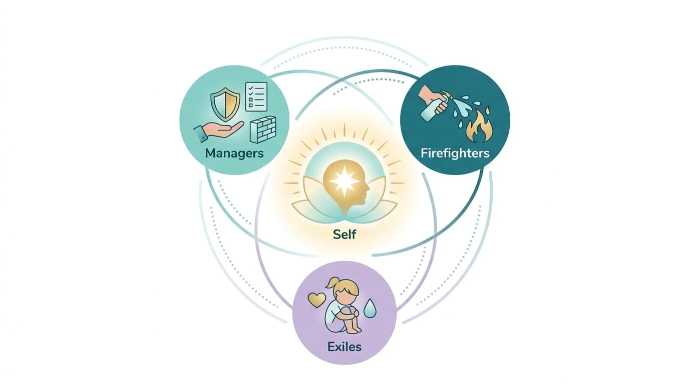 A simple Parts map: protective and wounded Parts relating to the calm leadership of Self.
