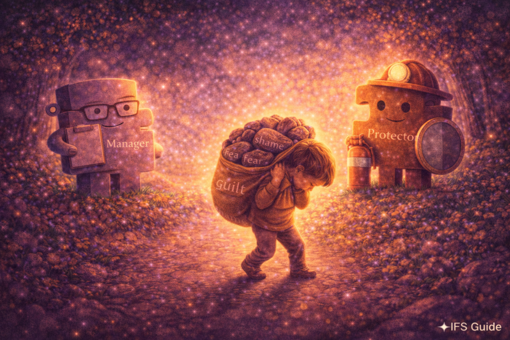 Exiles carrying emotional burdens while Protectors guard in IFS