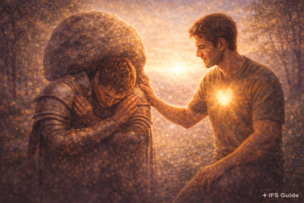 Section: Survivor’s Guilt & Moral Injury
Concept:
Exile carrying heavy weight being witnessed with compassion
Visual cues:
Burden (stone, armor, shadow)
Gentle witnessing presence
Release without erasing pain
Alt text:
Healing survivor’s guilt and moral injury through IFS exile work