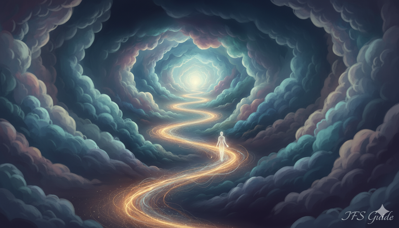 IFS therapy session illustrated as a journey through the inner world