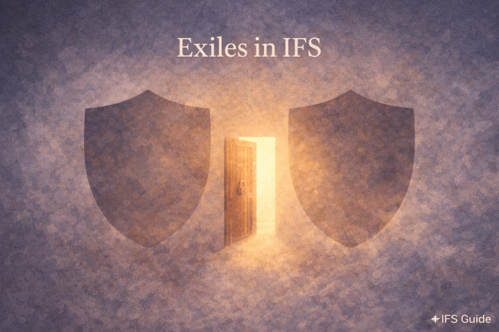 Exiles in IFS represented by a softly glowing door guarded by protective shields
